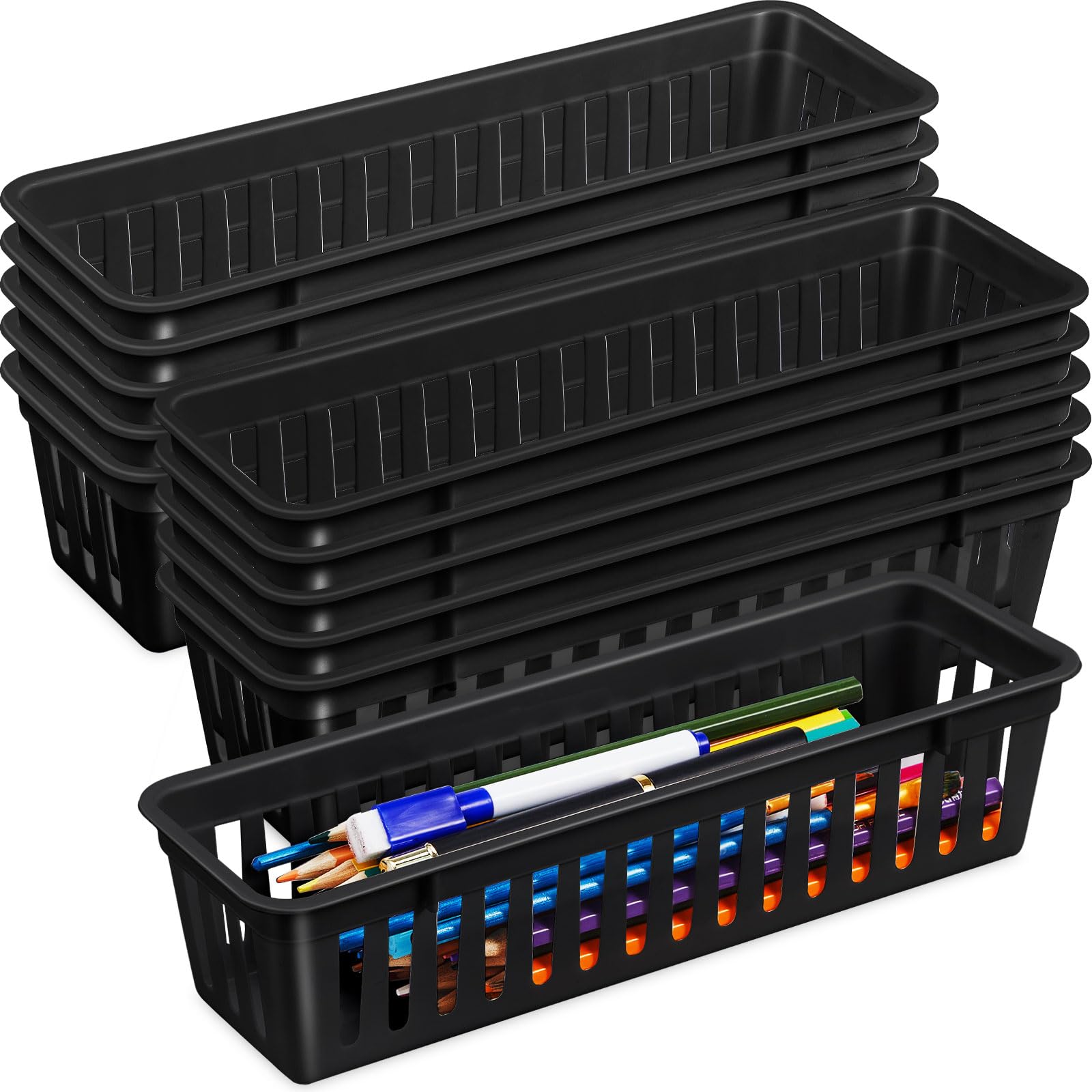 Domensi 12 Pack Slim Plastic Storage Baskets Tray for Organizing 10.25 x 3.25 x 2.5 Inch Small Narrow Storage Bins Stackable Drawer Pencil Trays Holder for Desk Garage Cabinet Containers(Black)