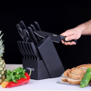 Kitchen Knife Set with Block and Sharpener 16 Pcs German Stainless Steel Knife Block Set with Cutting Board, Finger Protector for Cutting Food and Knife Sharpener Knives Set for Kitchen