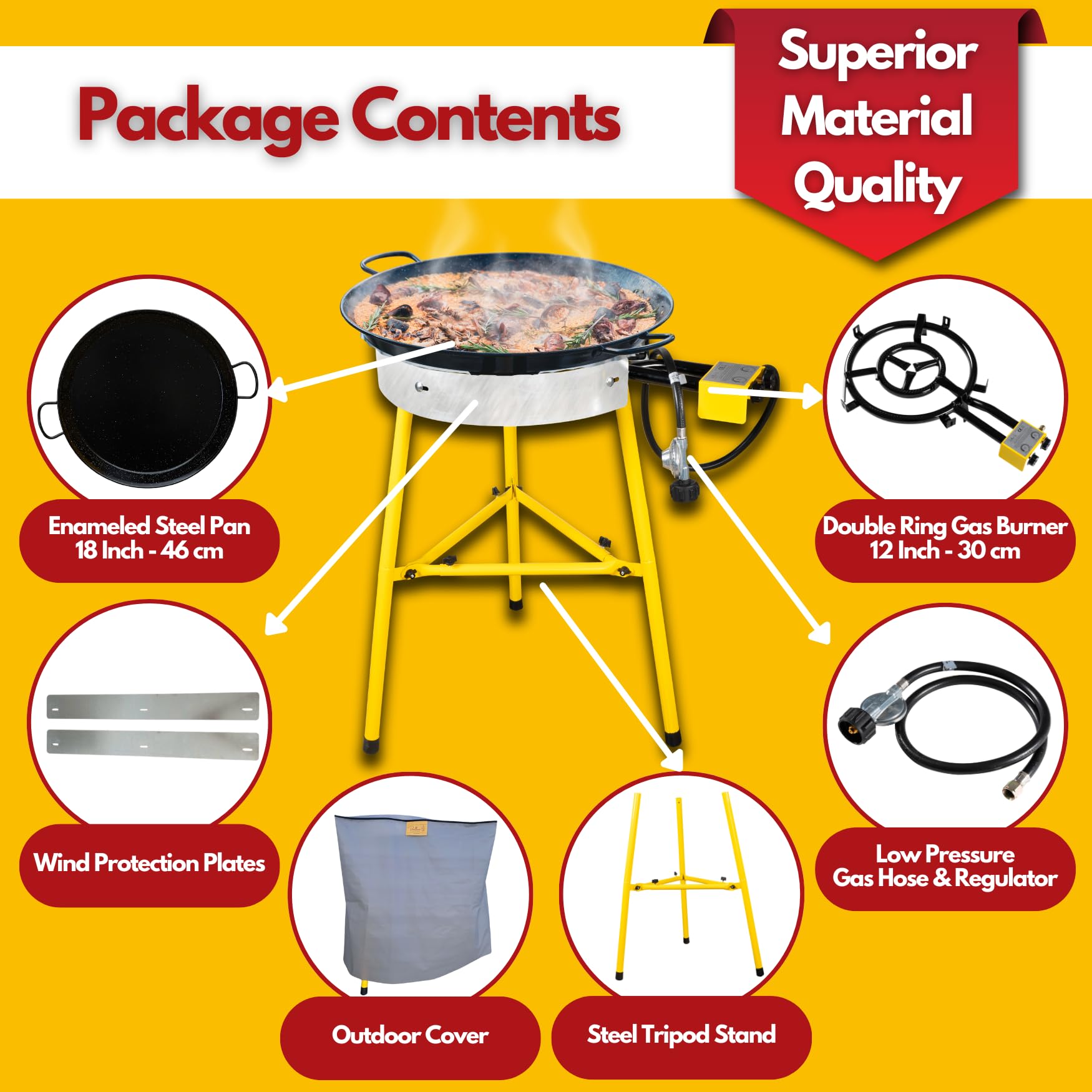 Paelluxe Complete Paella Pan Burner & Stand Set 12 Servings - Dual Propane - 18-Inch Steel Pan - Portable Gas Stove - Wok, Pots, Cast Iron - Ideal for Camping Grill, Backyard