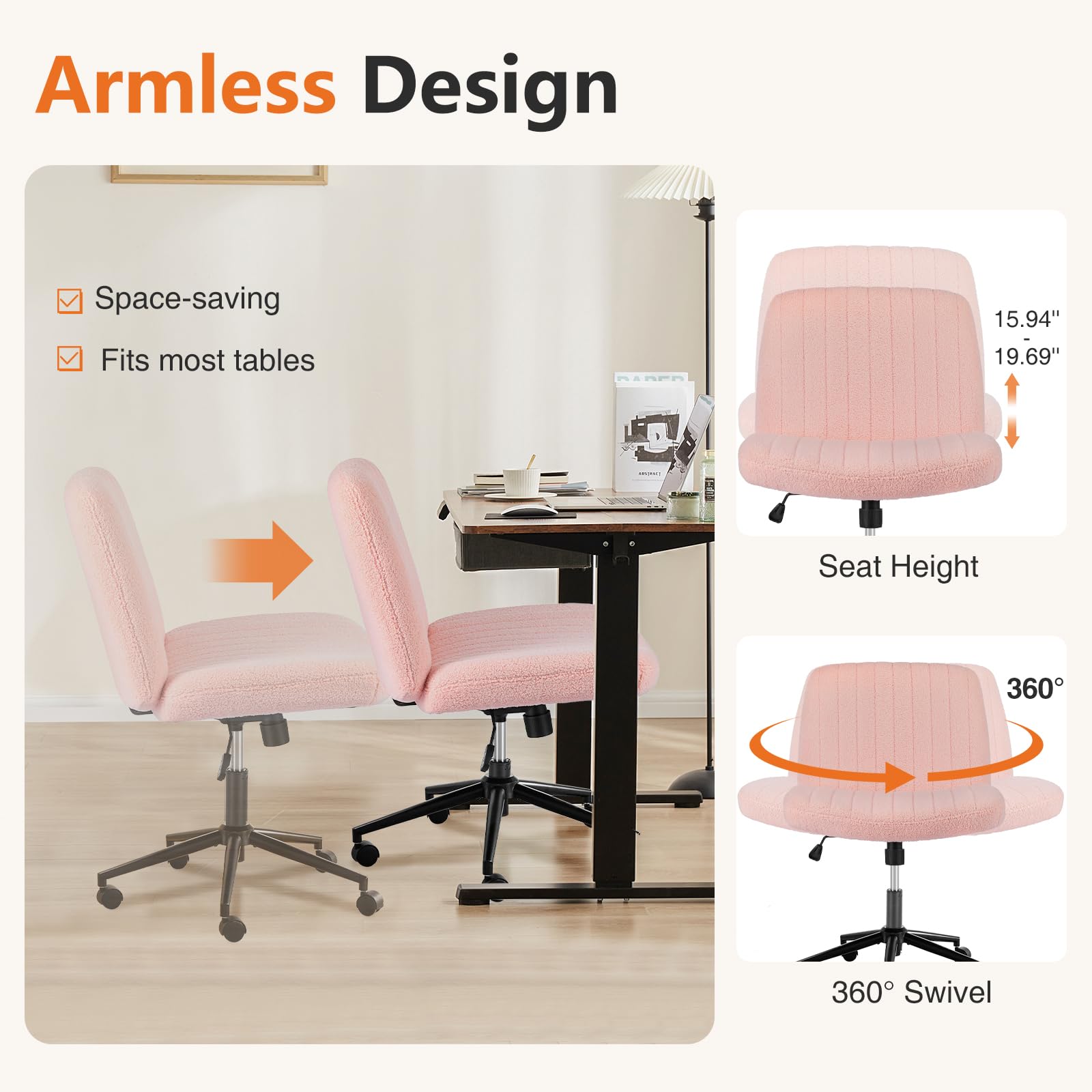 CUANBOZAM Armless Desk Chair, Criss Cross Chair with Wheels, Fabric Padded Desk Chair, Modern Swivel Height Adjustable Office Chair with Wide Seat for Home, Office, Make Up, Bed Room