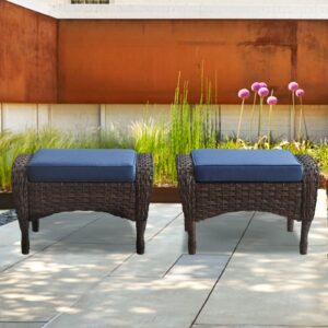 Belord Outdoor Ottomans for Patio Foot Rest - 25 Inch PE Wicker Foot Stool Set of 2 with Removable Cushions for Patio Furniture Sets,All Weather Rattan Ottoman for Balcony Deck Backyard Brown