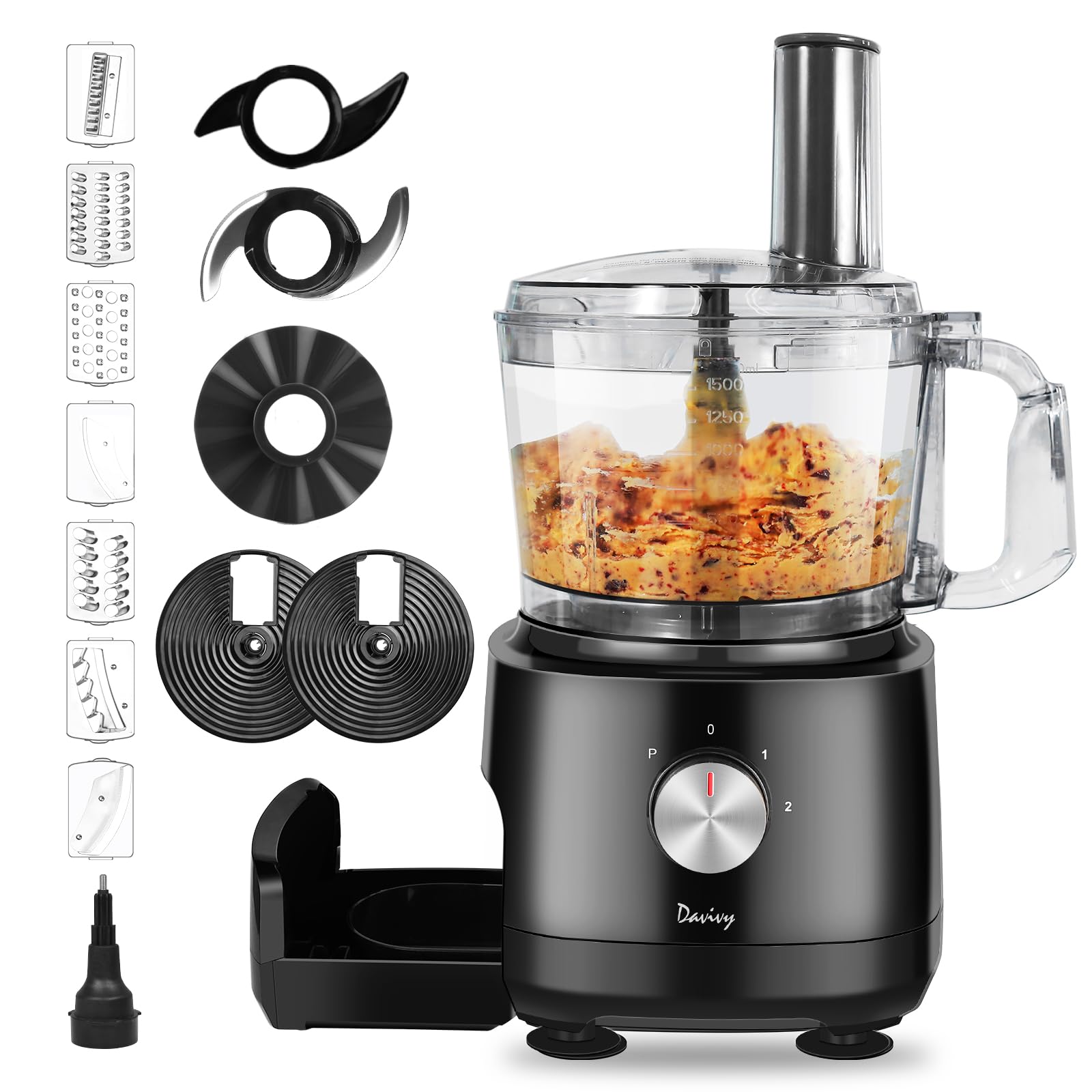 Davivy 7 Cup Food Processor, 10 Functions Built-in Storage Drawer Vegetable Chopper with 10 set blades,French fry cutting,Wavy slicing for Home Use,2-Speed & PULSE, Black,600W (7-Cup Built-in Drawer)