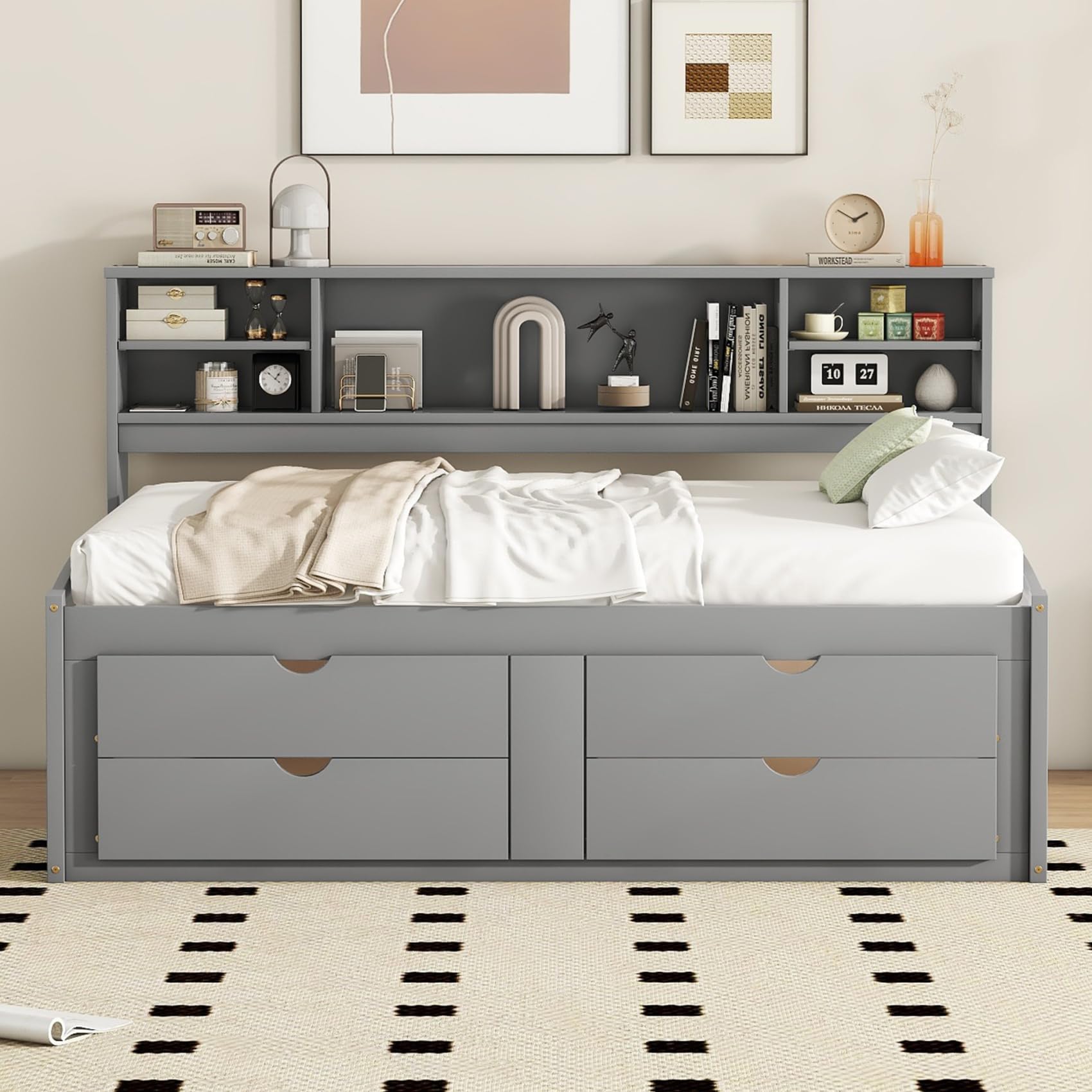 DNChuan Full Size Daybed with Storage Drawers and Bookshelf Headboard,Captains Bed and Underneath 2 Cabinets for Kids Boys Adults Girls,Gray