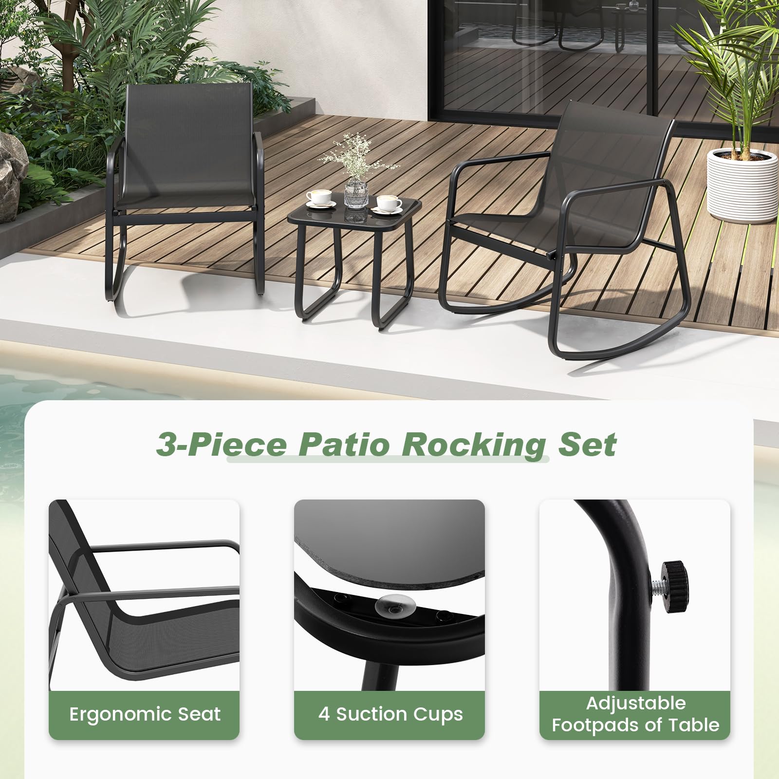 HAPPYGRILL 3 Piece Patio Rocking Bistro Set with Glass-Top Table, Rocking Bistro Chairs, Small Patio Furniture Set Outdoor Rocker Chair Conversation Set for Porch, Yard, Balcony