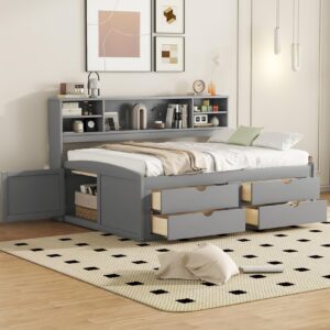 dnchuan full size daybed with storage drawers and bookshelf headboard,captains bed and underneath 2 cabinets for kids boys adults girls,gray