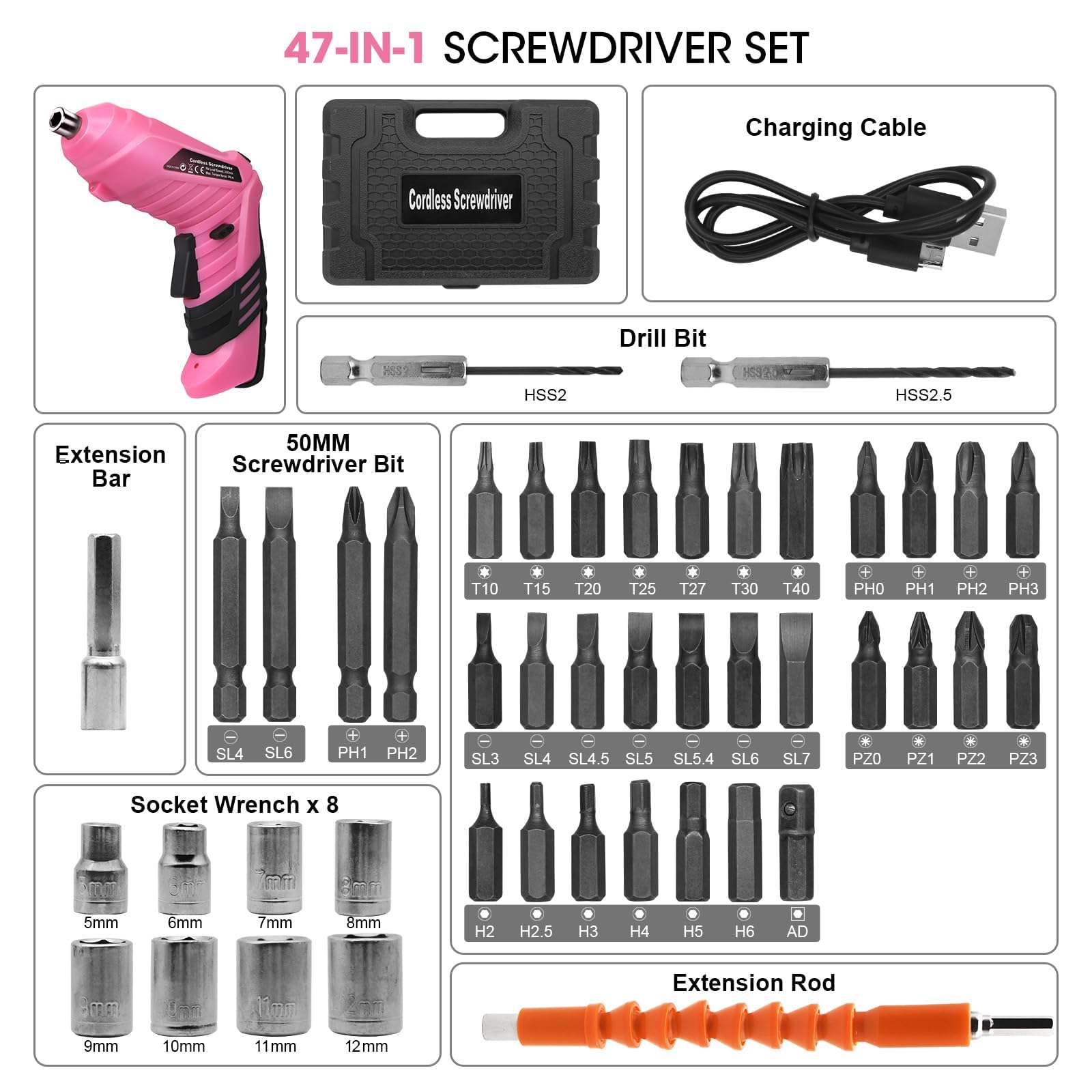 Electric Cordless Screwdriver,MQUPIN 47-in-1 Drill Driver Screwdriver Set,3.6V Battery Power Rechargeable Screwdriver kit,Rotatable Dual Position Handle with LED Light Charger for Home Office Work