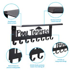 IBosins Pool Towel Rack with Shelf, Outdoor 8 Hooks Towel Holder Wall Mounted, Towel Hanger for Hanging Bathrobes, Towels, Clothes - Perfect Pool Area Outside Sign and Decor (Black)