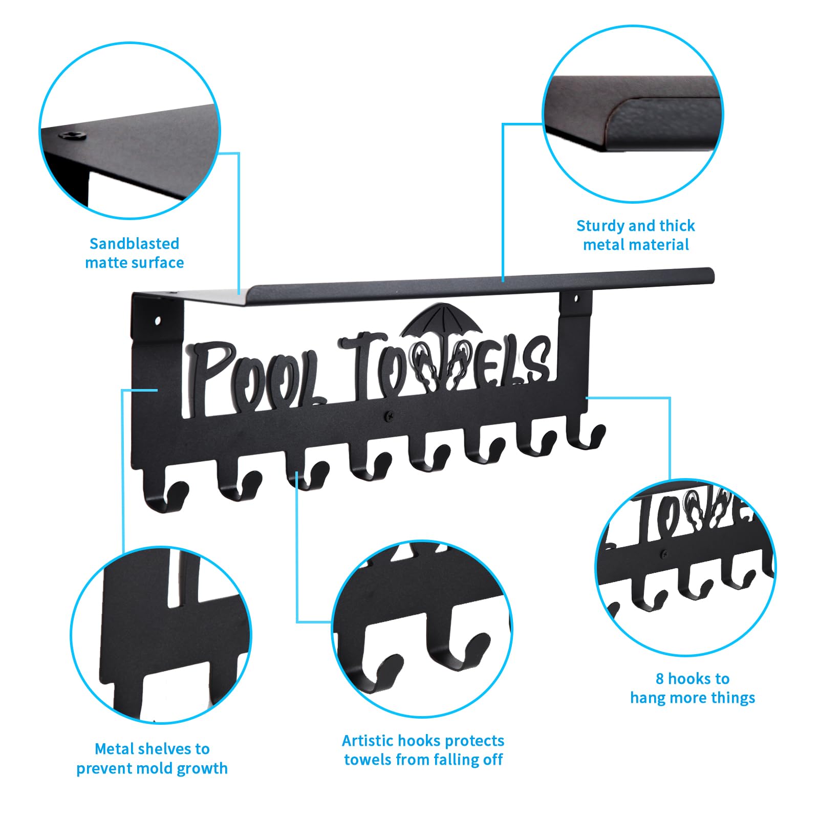 IBosins Pool Towel Rack with Shelf, Outdoor 8 Hooks Towel Holder Wall Mounted, Towel Hanger for Hanging Bathrobes, Towels, Clothes - Perfect Pool Area Outside Sign and Decor (Black)