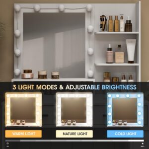 Vabches Vanity Desk with Mirror and Lights,Makeup Vanity with Power Outlet&Stool,3 Color Lighting Modes,White Vanity Table Set with 4 Drawers,Lots Storage and Shelves