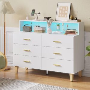 knoworld White 6 Drawer Dresser for Bedroom, Chest of Drawers with LED Light and Power Outlet, Tall Wide Dresser for Organizer Cabinet Bedroom,Living Room,Hallway, Entryway, Bedroom