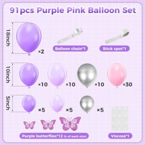 Pink and Purple Balloons Arch Kit, Purple and Silver Balloon Garland Kit with Pink Purple Silver Balloons Butterfly Stickers, DIY Balloon Party Decoratived for Birthday Baby Shower New Year Christmas