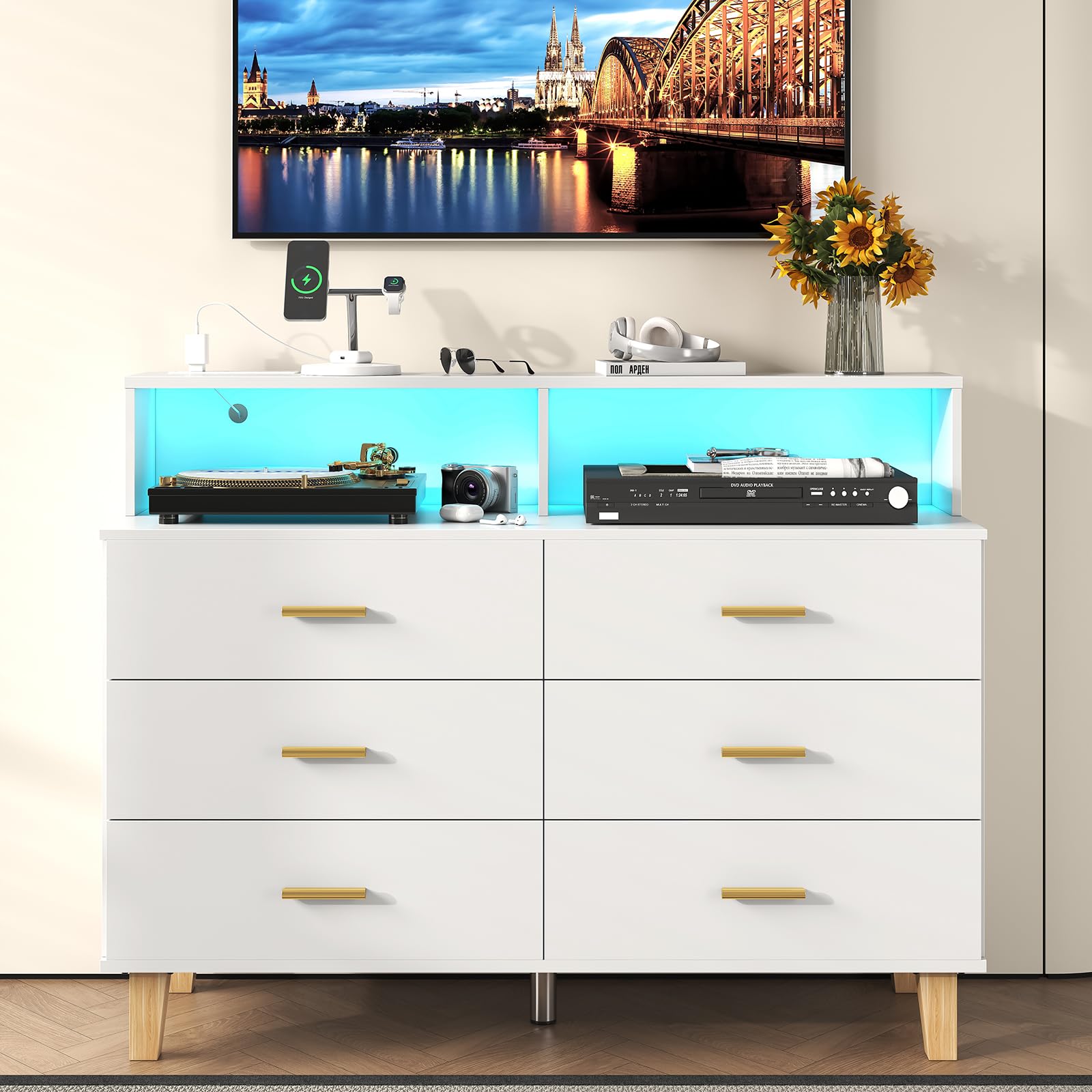 knoworld White 6 Drawer Dresser for Bedroom, Chest of Drawers with LED Light and Power Outlet, Tall Wide Dresser for Organizer Cabinet Bedroom,Living Room,Hallway, Entryway, Bedroom