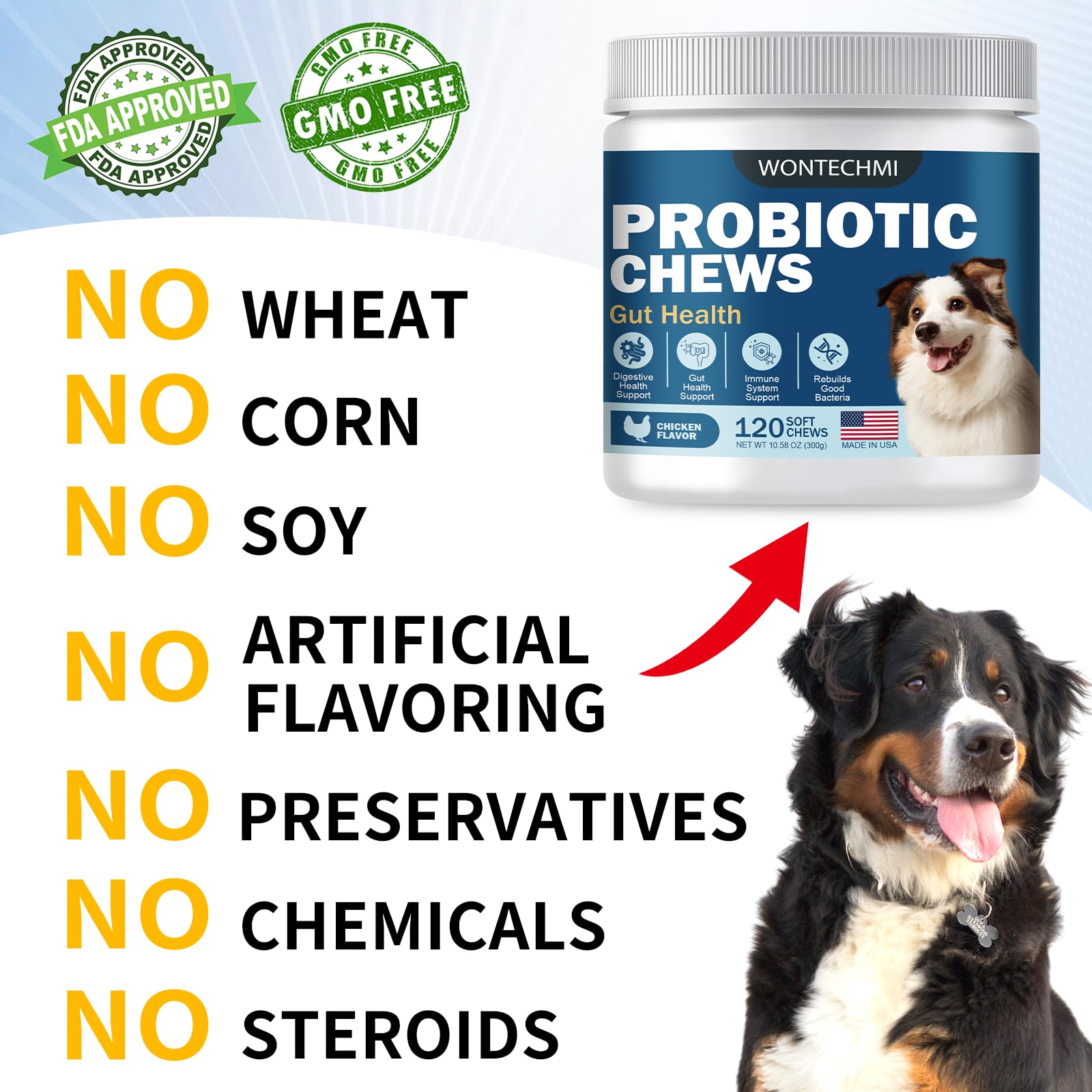 WONTECHMI Probiotics for Dogs, Improve Itchy Skin Itchy Ears, Gut Health, Yeast Balance, Allergies, Immunity, Dog Probiotics and Digestive Enzymes with Prebiotics, Reduce Diarrhea (Chicken, 120 chews)