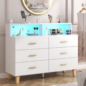 knoworld white 6 drawer dresser for bedroom, chest of drawers with led light and power outlet, tall wide dresser for organizer cabinet bedroom,living room,hallway, entryway, bedroom