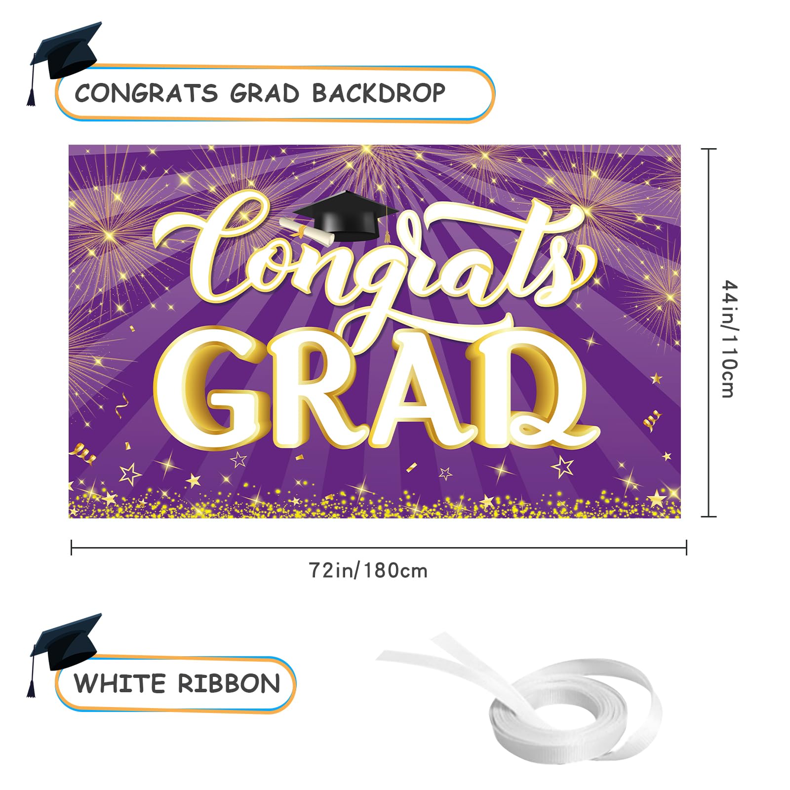 YQUQWN, Purple Graduation Banner Backdrop- Big, 72x44 Inch, Purple Graduation Decorations, Congrats Grad Banner for College Graduation Party Decorations 2024, Graduation Decorations Class of 2024