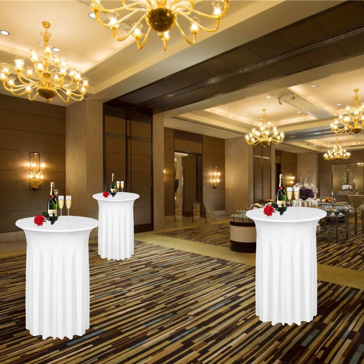 Albassa 4 Pack Cocktail Table Covers 32"x 43" Spandex Stretch Round Cocktail Tablecloths with Wavy Drapes Fitted High Top Bar Table Skirt for Wedding Party Banquet (White, 4 PCS)