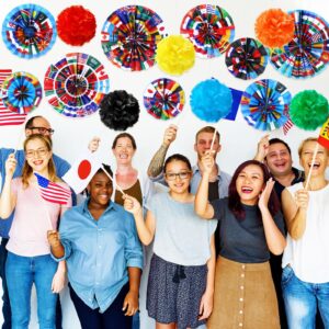 Outus 21 Pcs International World Flags Classroom Decorations Around The World Hanging Paper Fans Sport Party Tissue Paper Pom Poms for Garland Ceilings School Office Party Supplies (Flag Style)