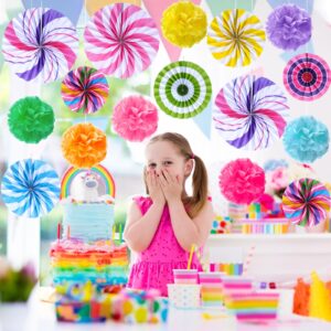 Outus 21 Pcs Candyland Hanging Paper Fans Decorations Candy Party Classroom Decor Lollipop Candy Tissue Paper Fans for Garland Ceilings Candyland Theme Kids Birthday Party Supplies(Pom Poms)