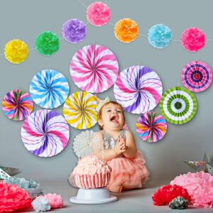 Outus 21 Pcs Candyland Hanging Paper Fans Decorations Candy Party Classroom Decor Lollipop Candy Tissue Paper Fans for Garland Ceilings Candyland Theme Kids Birthday Party Supplies(Pom Poms)