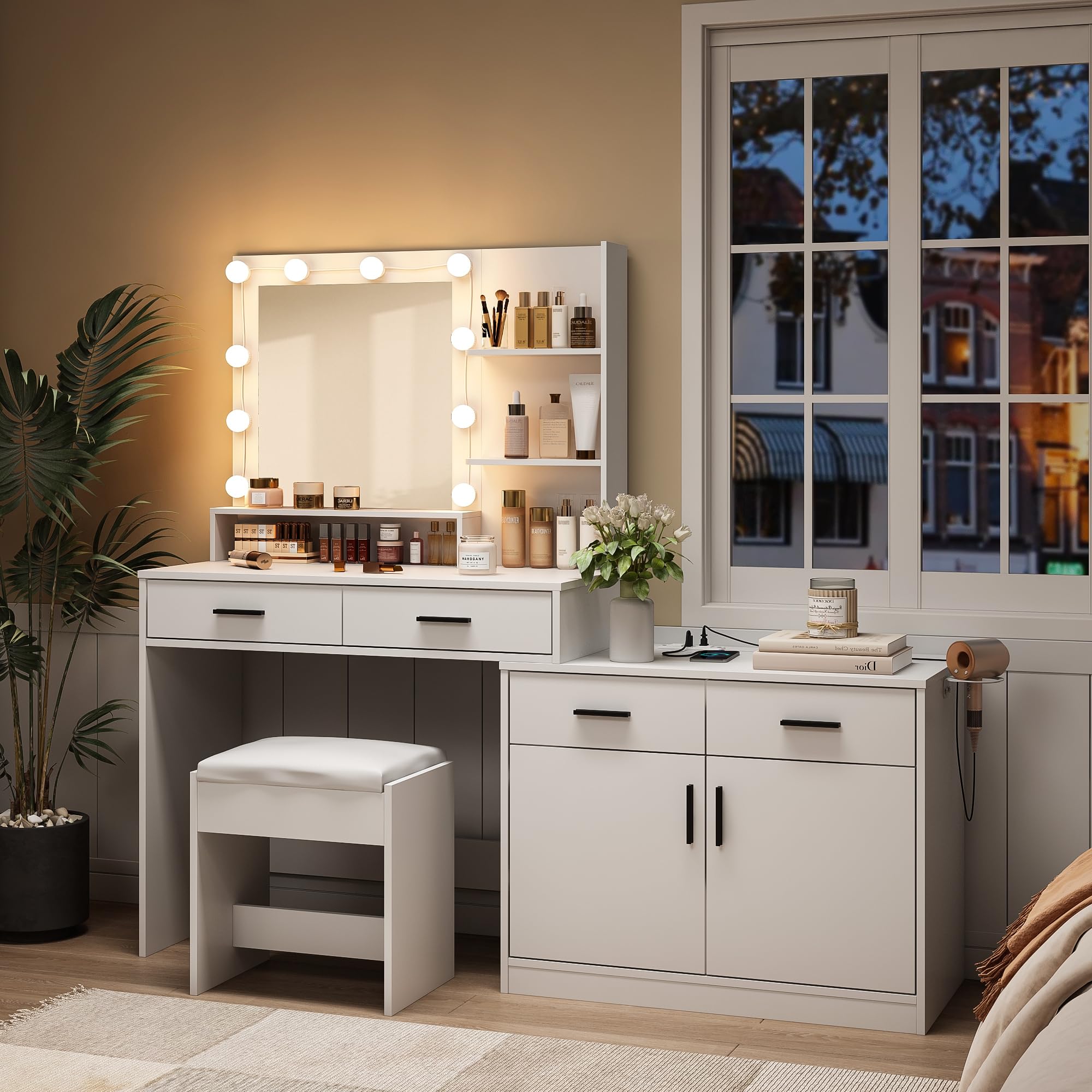 Vabches Vanity Desk with Mirror and Lights,Makeup Vanity with Power Outlet&Stool,3 Color Lighting Modes,White Vanity Table Set with 4 Drawers,Lots Storage and Shelves