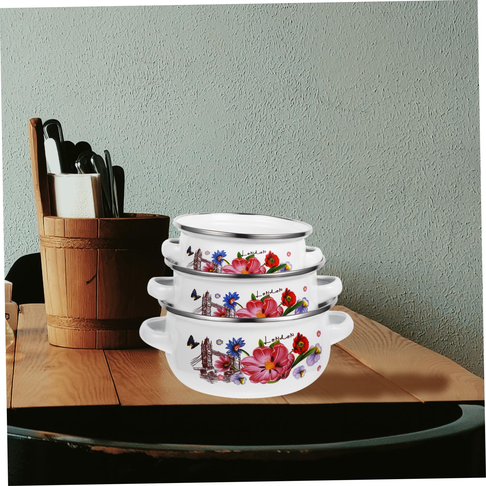 Homoyoyo 3pcs Enamelware Pot Set Enamel Stock Pot with Lid Floral Retro Cooking Pot Vintage Soup Pot Nesting Stew Pot Enameled Steel Cookware for Home Kitchen 12cm 16cm 18cm