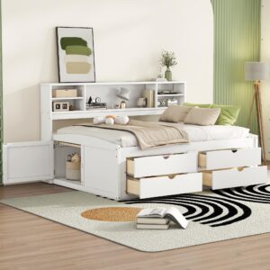 hlcodca full size daybed with storage drawers, bedside cabinets and upper shelves, pine wood captains bed with bookshelf for kids boys girls teens (white-full size wood daybed)