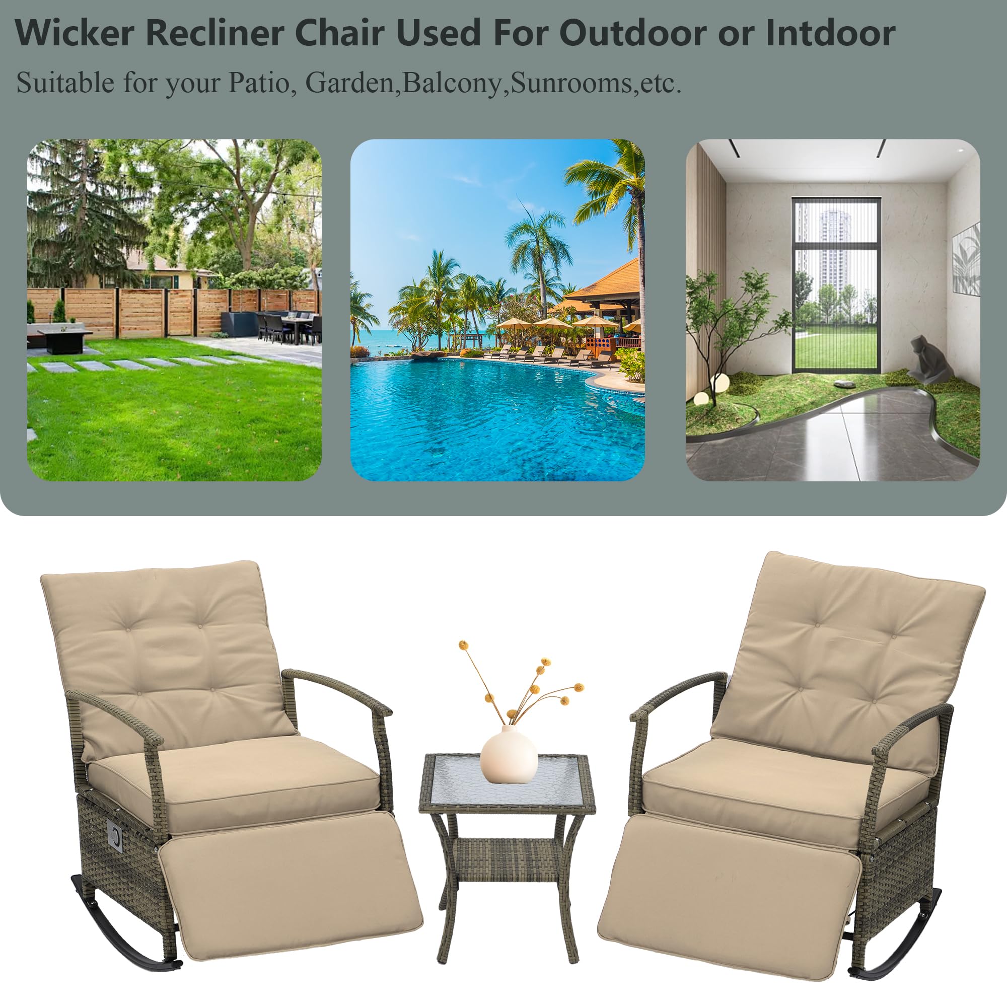 CATMIX Outdoor Rocking Chairs, Adjustable Rattan Recliner Chairs PE Wicker Patio Furniture Set Outdoor Recliner Chairs Furniture Set with Soft Thick Cushion, Removable Glass Tabletop, Beige…