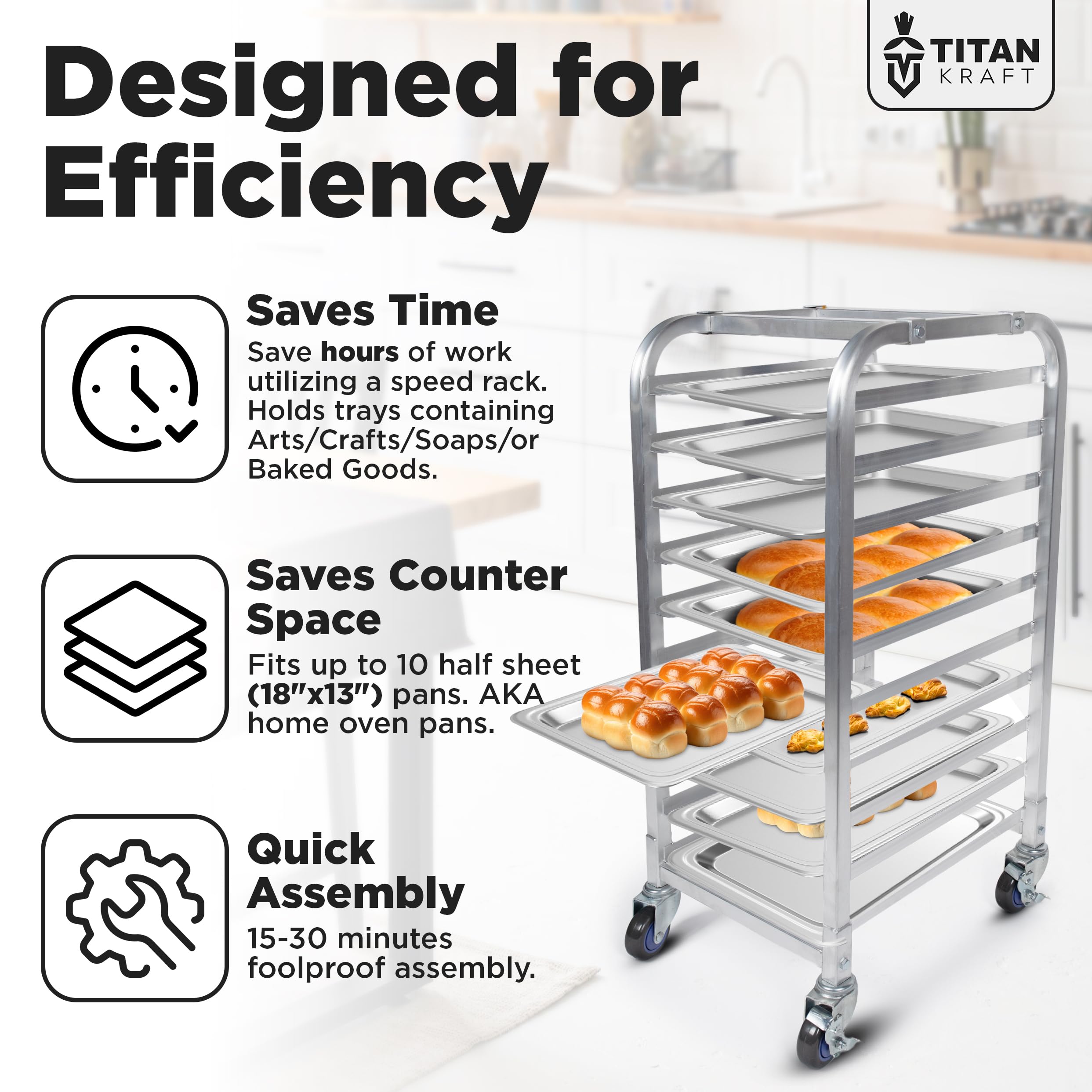 TITAN KRAFT 10-Tier Half Sheet Pan Rack - Commercial Aluminum Baking Sheet Rack for 18" x 13" Sheets/Pan, Speed Rack with Lockable Casters for Kitchens - Baking Sheet NOT Included - 18" x 15.25" x 36"