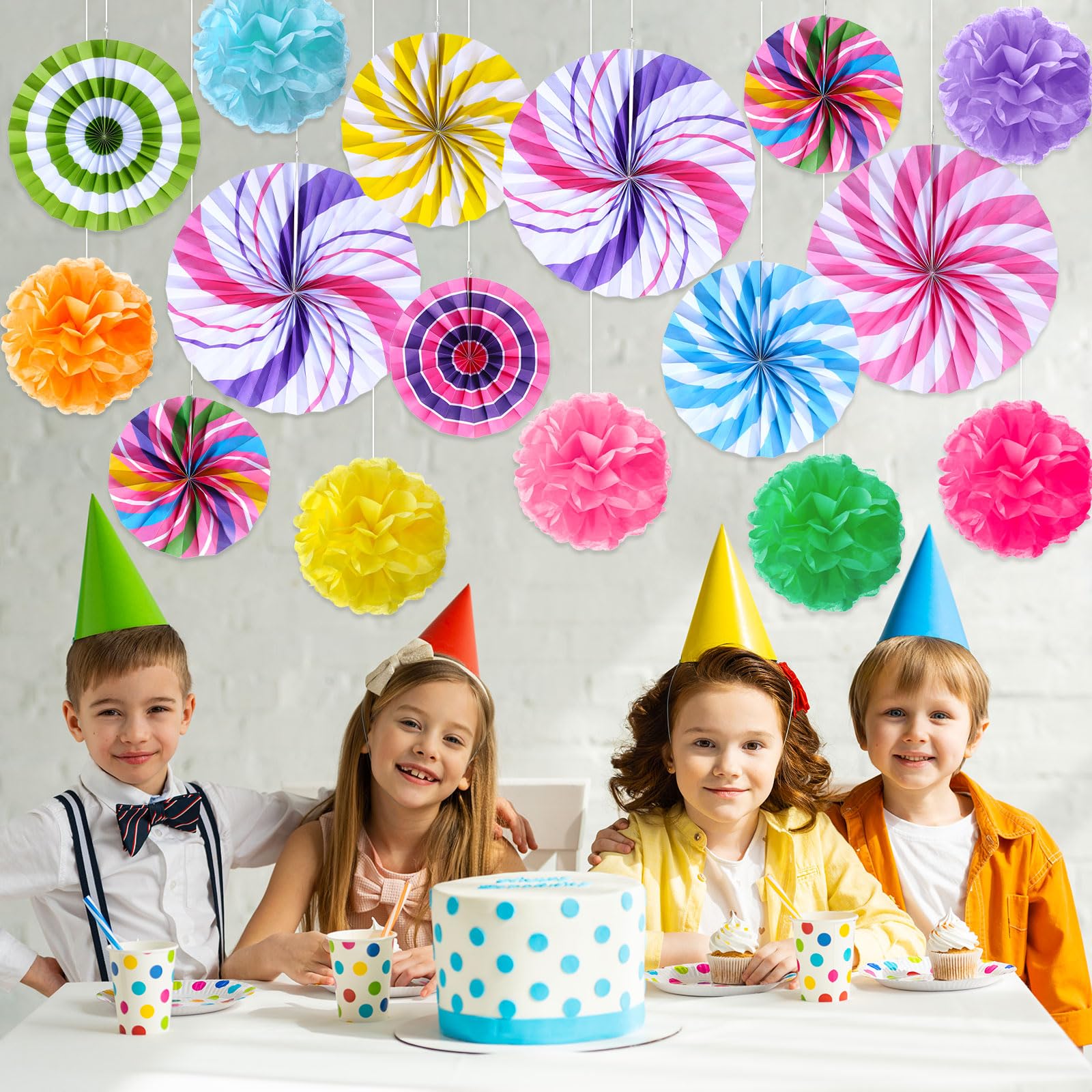 Outus 21 Pcs Candyland Hanging Paper Fans Decorations Candy Party Classroom Decor Lollipop Candy Tissue Paper Fans for Garland Ceilings Candyland Theme Kids Birthday Party Supplies(Pom Poms)