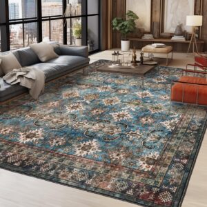 area rugs for living room non-shedding boho rug for bedroom 0.3inch vintage washable non-slip back carpet for home office and other high traffic areas (blue beige, 8 * 10)