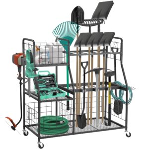 rengue garden tool organizer, 3 tier utility yard tool organizer with wheels, large garden tool storage rack with extra storage basket for shed/garage/garden/yard/lawn