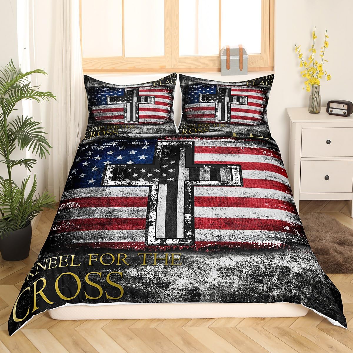 American Flag Duvet Cover for Teen Boys Camo Black White USA Flag Comforter Cover 3 Pieces, The Cross Theme Bedding Set for Devout Protestant Religious Patriotic Style Bedspread Cover Full Size