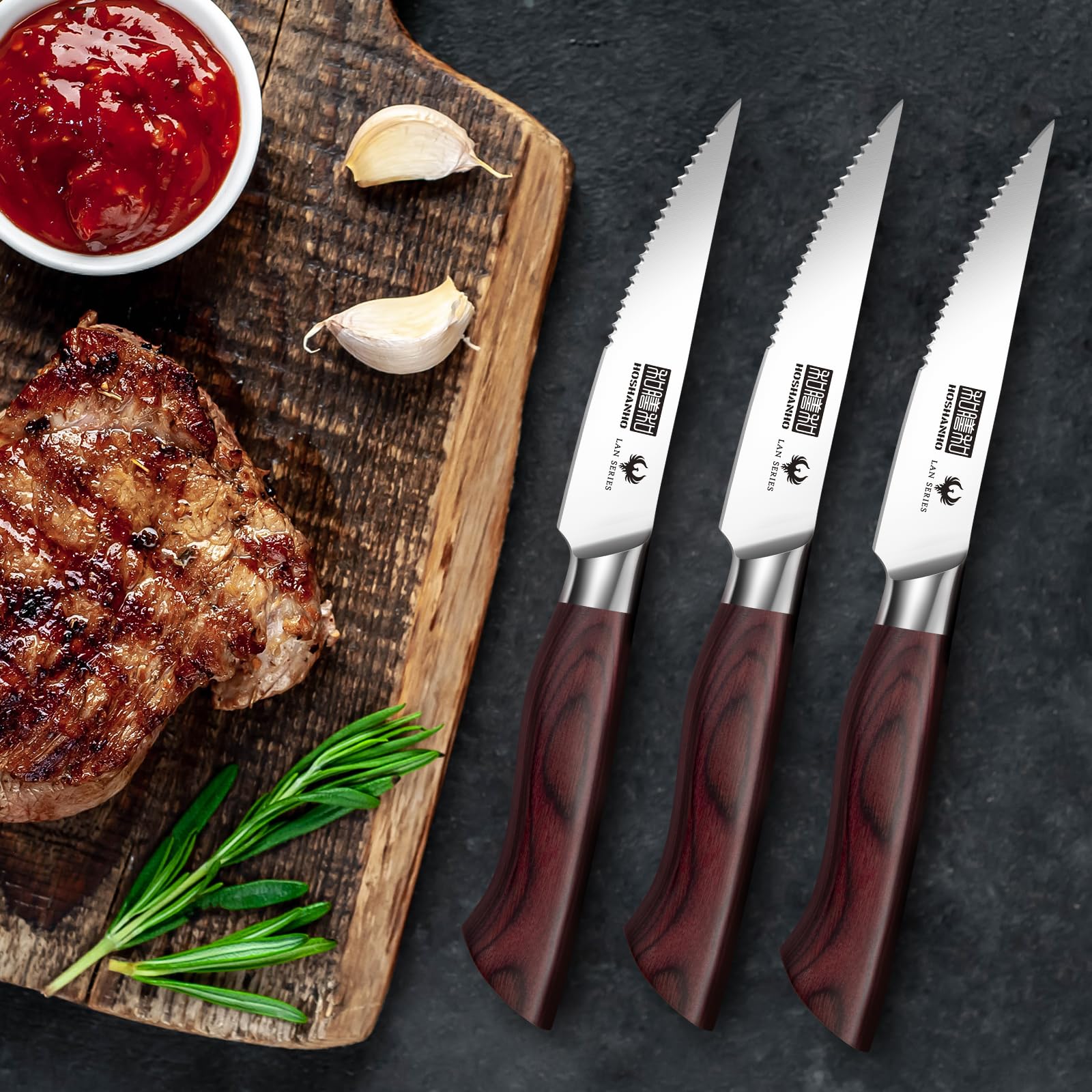 HOSHANHO Steak Knife Set 8 Pieces, 4.5 Inch Super Sharp German High Carbon Stainless Steel Steak Knife Set, Professional Premium Serrated Precise Cutting with Ergonomic Wood Handle