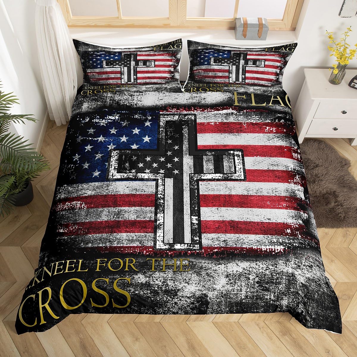 American Flag Duvet Cover for Teen Boys Camo Black White USA Flag Comforter Cover 3 Pieces, The Cross Theme Bedding Set for Devout Protestant Religious Patriotic Style Bedspread Cover Full Size