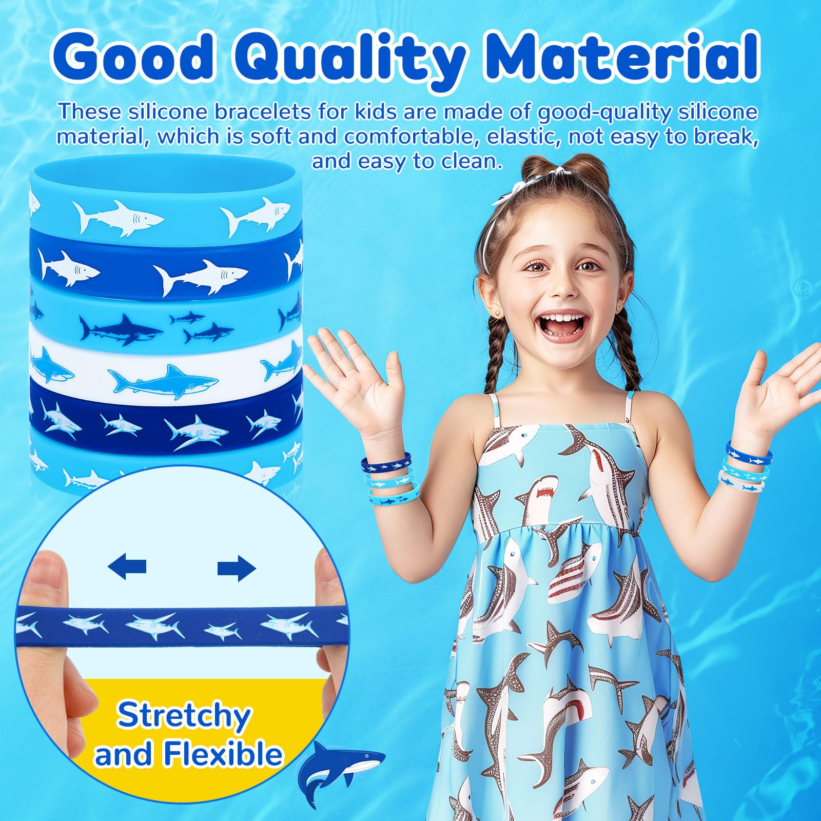 JUNEBRUSHS Shark Party Favors, 42pcs Ocean Sea Life Shark Silicone Bracelets Rubber Wristbands for Baby Shower Under The Sea Themed Kids Birthday Party Gift Decorations Supplies