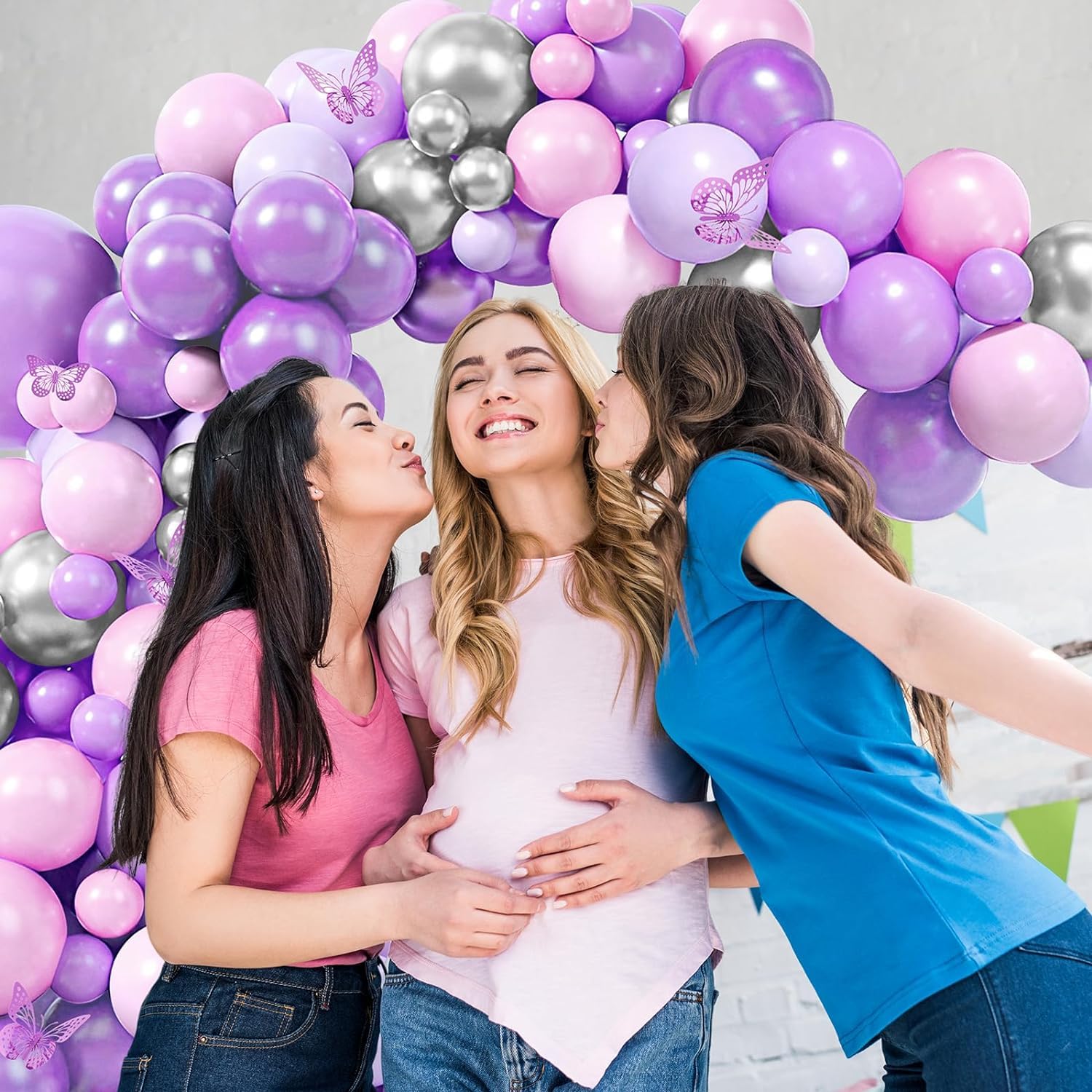 Pink and Purple Balloons Arch Kit, Purple and Silver Balloon Garland Kit with Pink Purple Silver Balloons Butterfly Stickers, DIY Balloon Party Decoratived for Birthday Baby Shower New Year Christmas