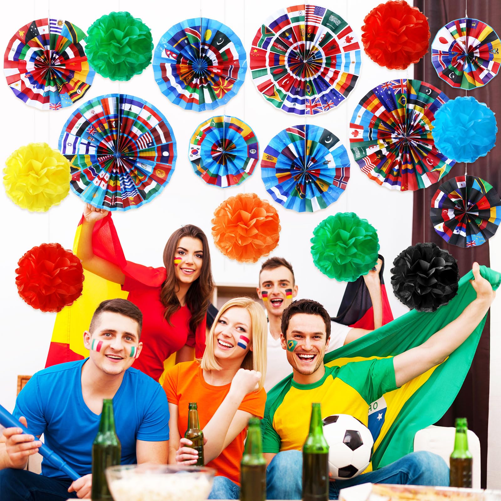 Outus 21 Pcs International World Flags Classroom Decorations Around The World Hanging Paper Fans Sport Party Tissue Paper Pom Poms for Garland Ceilings School Office Party Supplies (Flag Style)