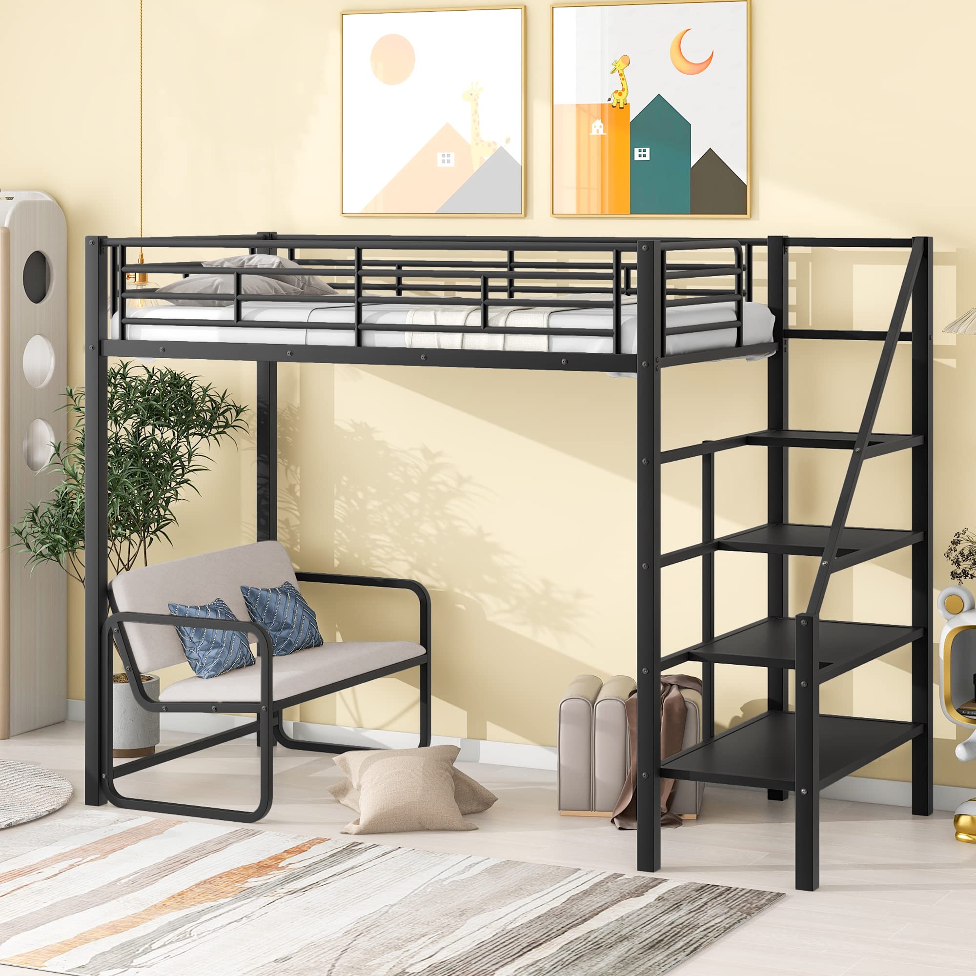 KTATK Twin Size Metal Loft Bed with Built-in Desk & Shelves,Bedroom Multifunction Bed Frame W/Full-Length Guardrails & Ladder,Easy Assembly,for Kid Adult Boy Girl Teen,Black