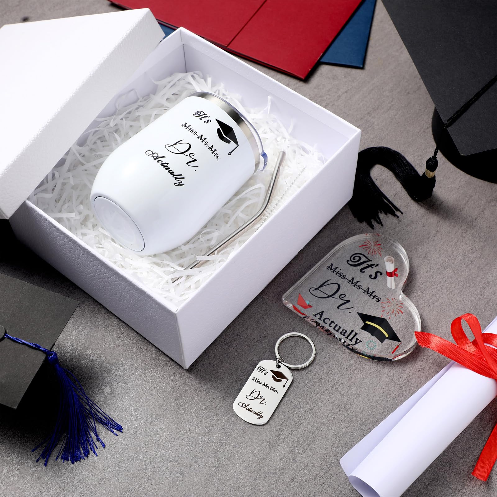 Gerrii 3 Pcs Phd Degree Gifts Set It's Miss Ms Mrs Dr Actually, Dr Gift Includes Insulated Tumbler 12 oz Acrylic Heart Decor Stainless Steel Keychain for Friend Men Women Graduation 2024 Appreciation