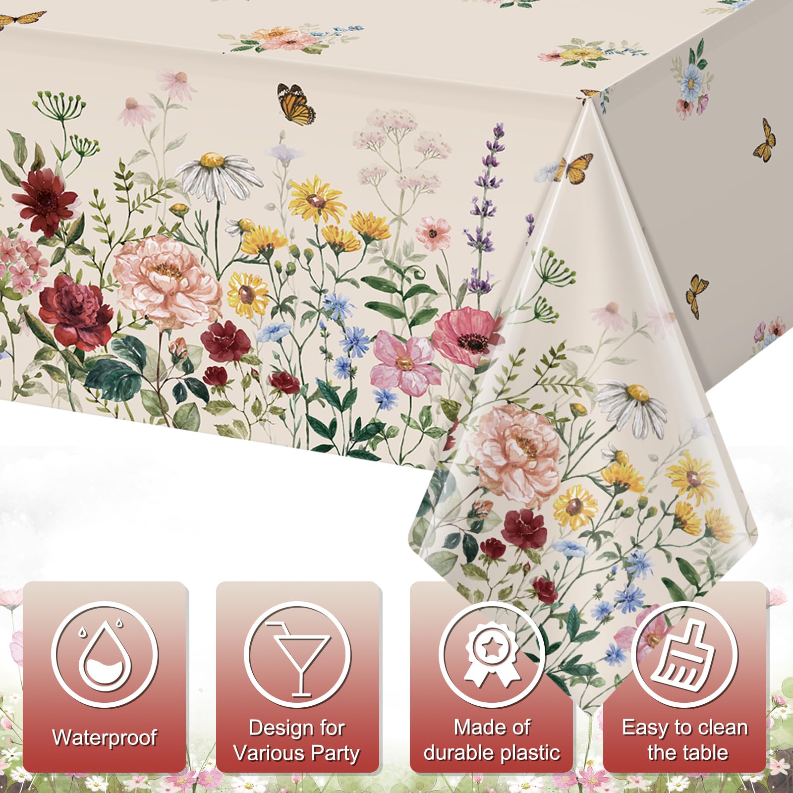 3 Pcs Spring Floral Tablecloth, Butterfly Wildflower Plastic Disposable Tablecloth Rectangle Table Covers for Easter, Birthday, Wedding, Mothers Day Tea Party Supplies and Decorations,54 x 108 Inch