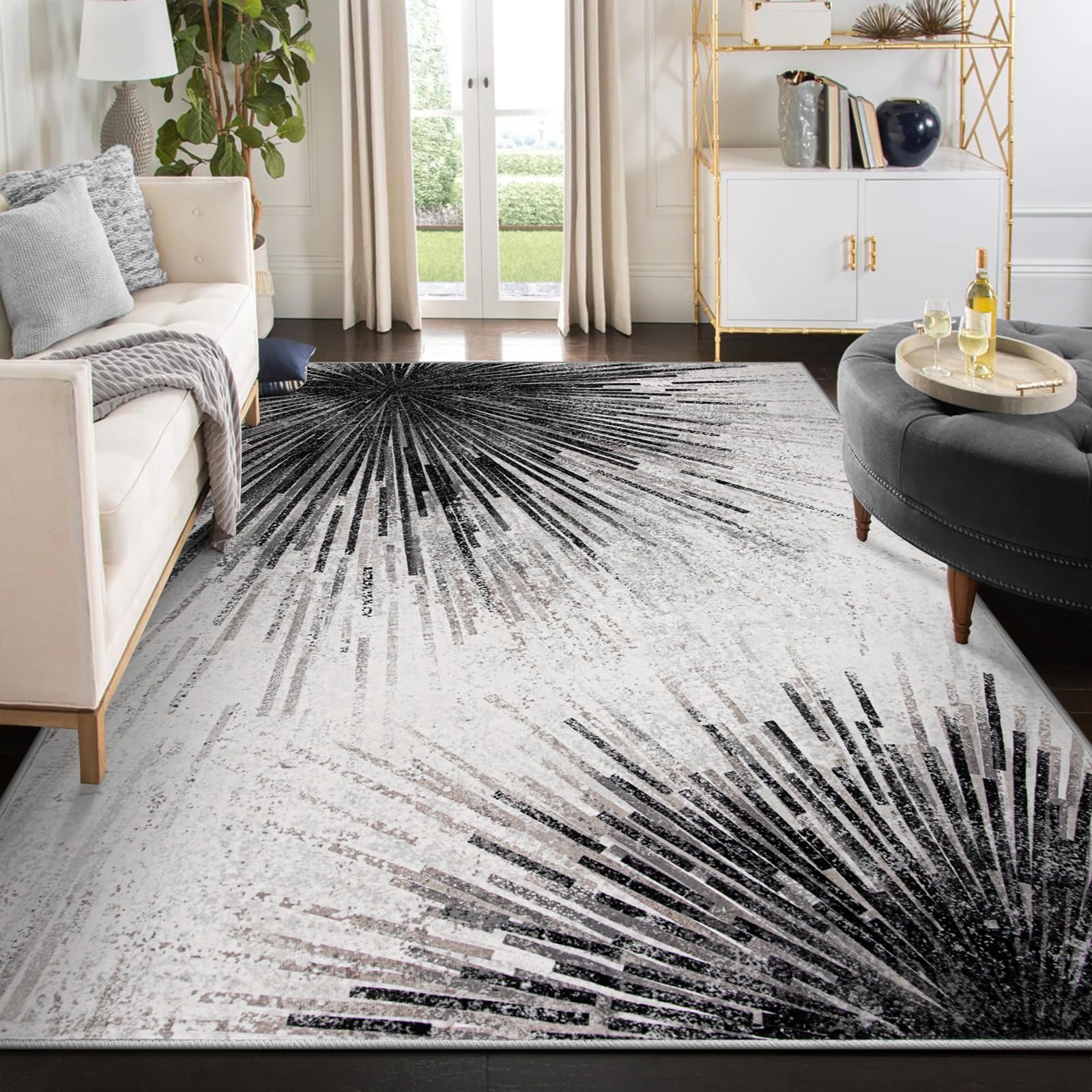 Lahome Modern Black 8 x 10 Area Rugs for Living Room - Washable Non-Slip Backing Large Rug Ultra-Thin Stain Resistant Dining Room Rugs for Under Table, Abstract Print Soft Rug for Bedroom Office