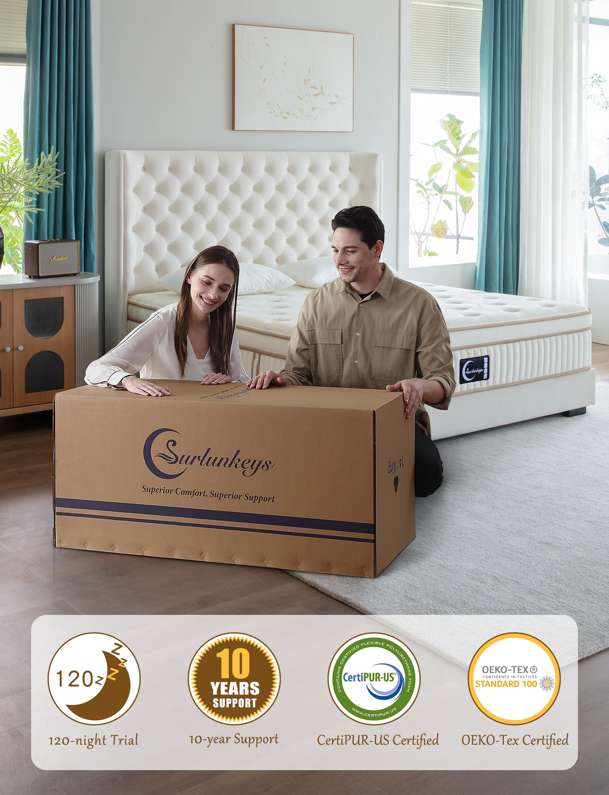 SURLUNKEYS Gel Foam Hybrid Mattress - Euro Top 14 Inch Cal King Mattress with Pocket Spring for Motion Isolating, Medium Firm Mattress in a Box, 120-night Trial