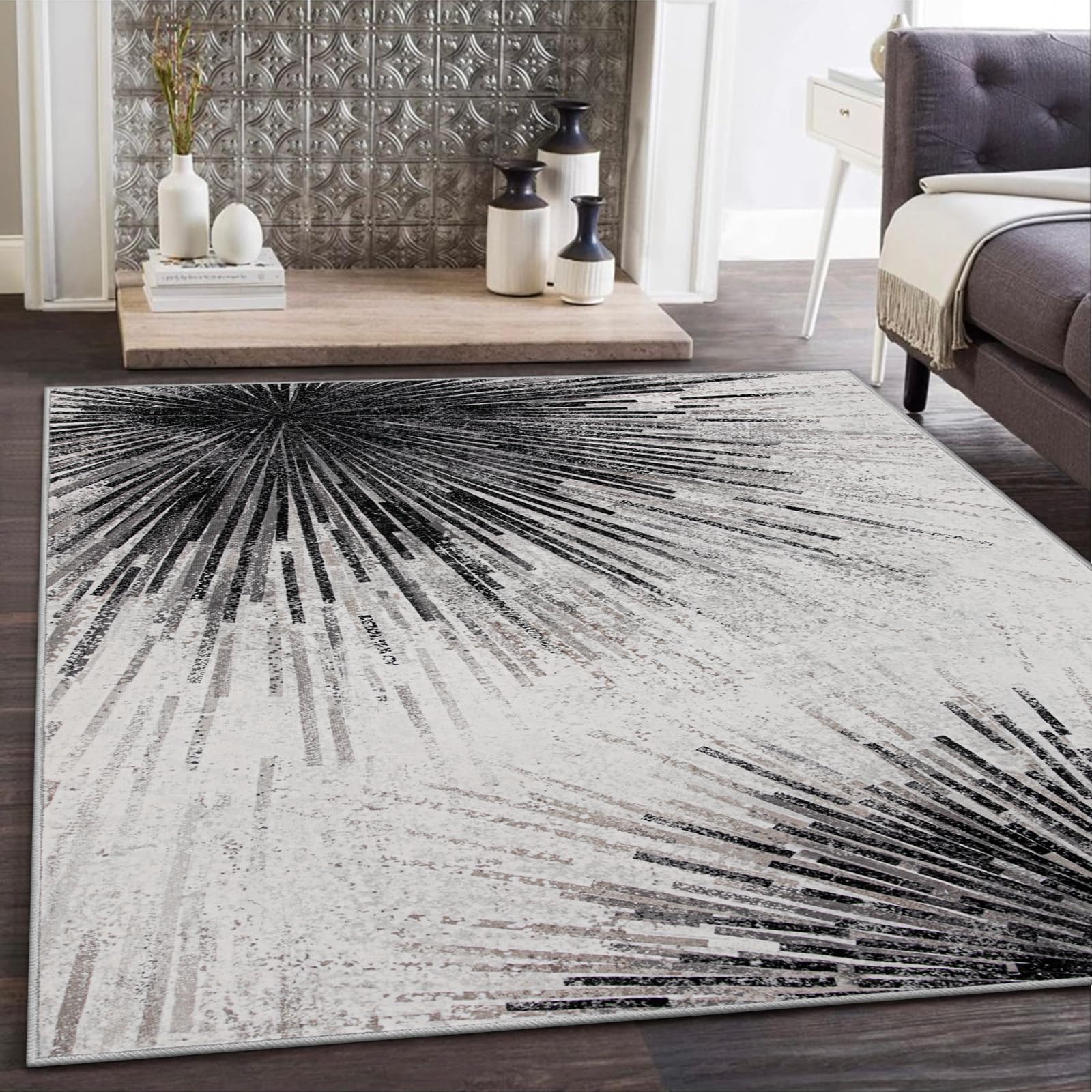 Lahome Modern Black 8 x 10 Area Rugs for Living Room - Washable Non-Slip Backing Large Rug Ultra-Thin Stain Resistant Dining Room Rugs for Under Table, Abstract Print Soft Rug for Bedroom Office