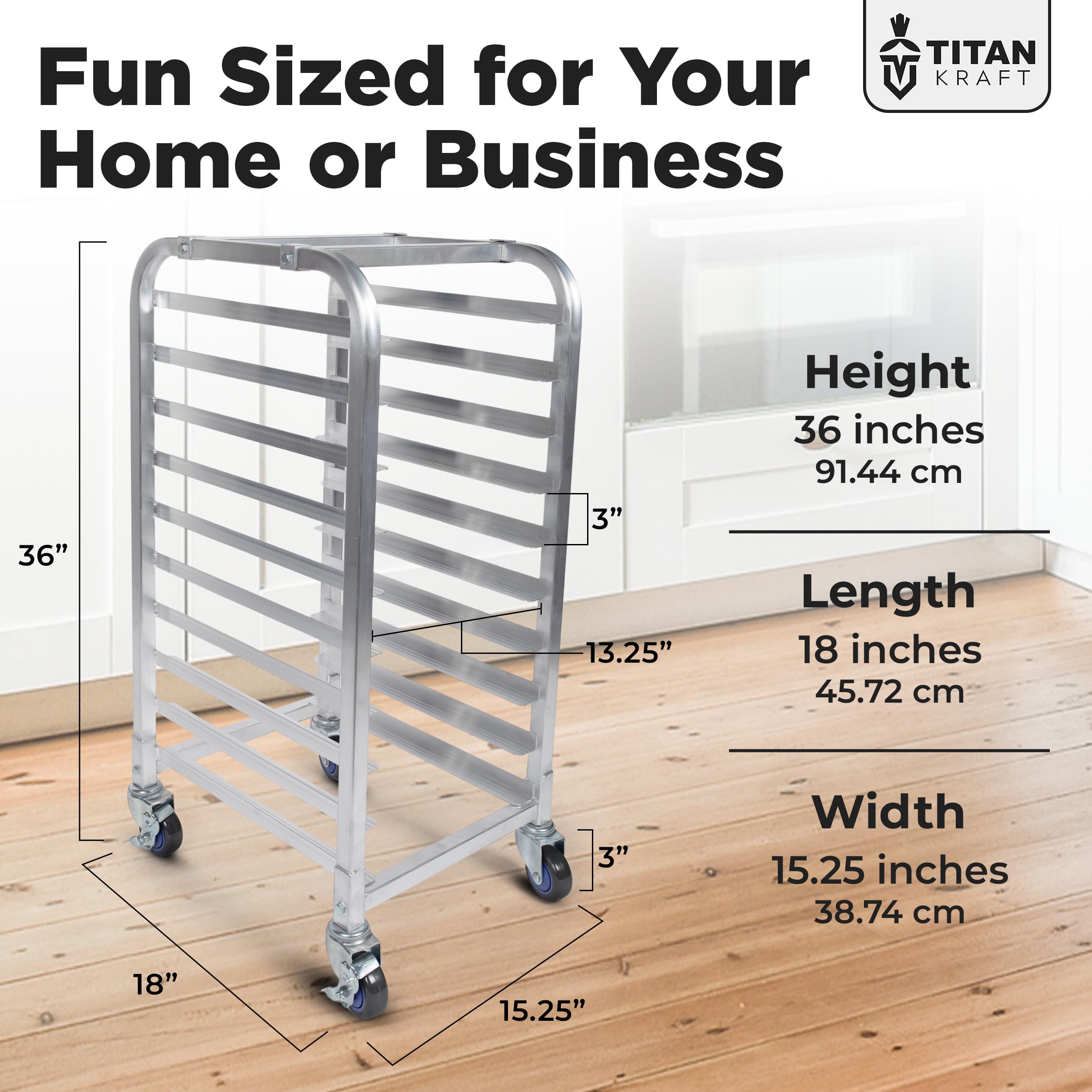 TITAN KRAFT 10-Tier Half Sheet Pan Rack - Commercial Aluminum Baking Sheet Rack for 18" x 13" Sheets/Pan, Speed Rack with Lockable Casters for Kitchens - Baking Sheet NOT Included - 18" x 15.25" x 36"