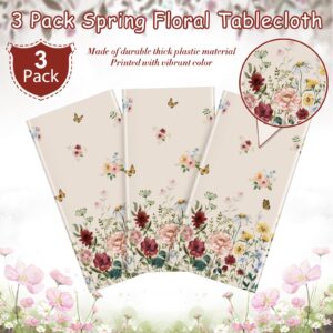 3 Pcs Spring Floral Tablecloth, Butterfly Wildflower Plastic Disposable Tablecloth Rectangle Table Covers for Easter, Birthday, Wedding, Mothers Day Tea Party Supplies and Decorations,54 x 108 Inch