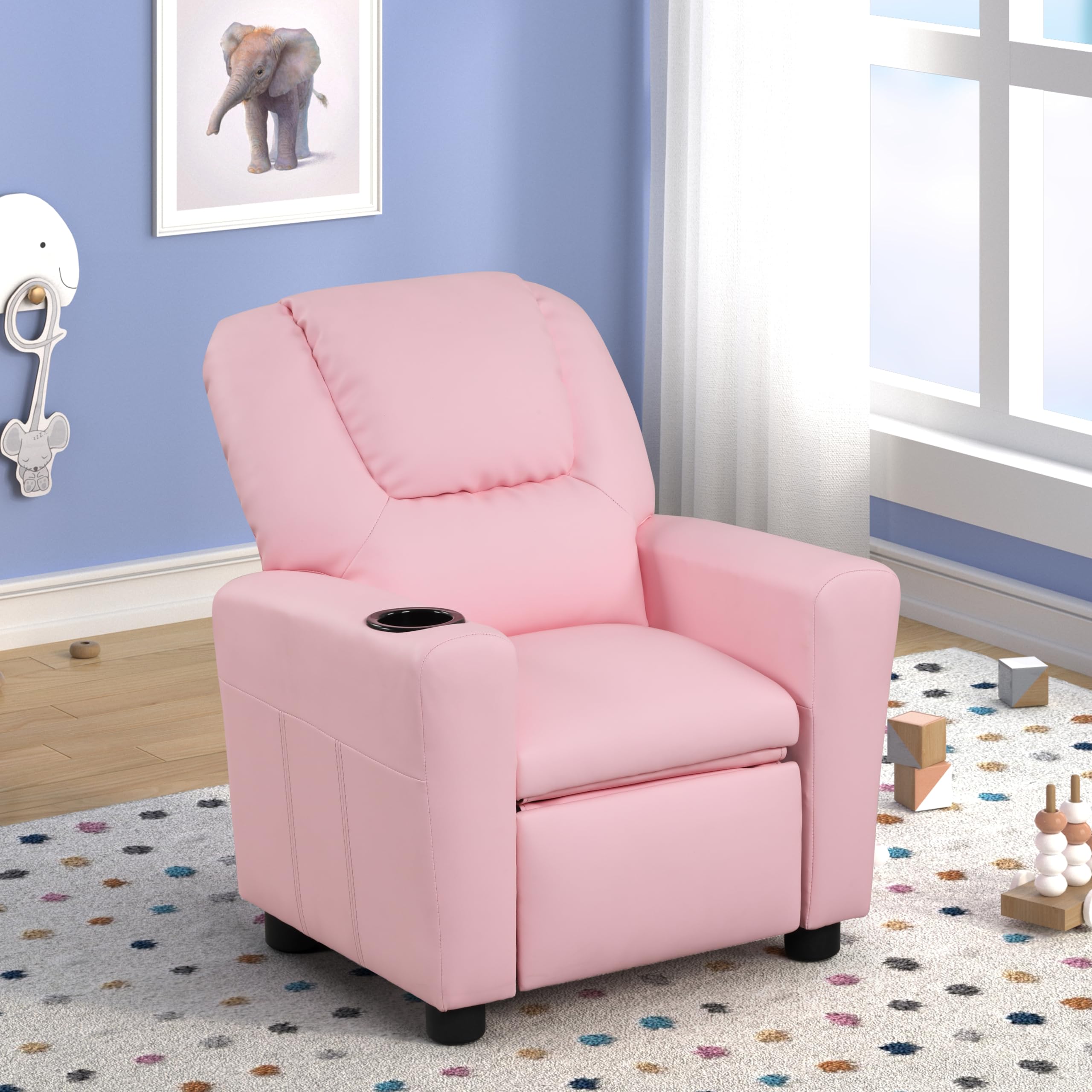 anwickjeff Modern PU Leather Kids Recliner Chair with Cup Holder, Adjustable 2-in-1 Kids Single Couch for Boys Girls (Pink)