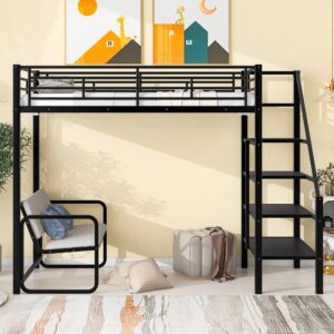 KTATK Twin Size Metal Loft Bed with Built-in Desk & Shelves,Bedroom Multifunction Bed Frame W/Full-Length Guardrails & Ladder,Easy Assembly,for Kid Adult Boy Girl Teen,Black