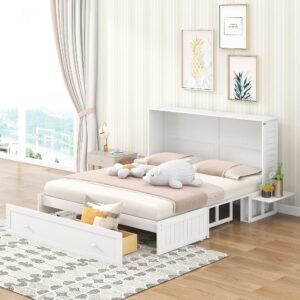 Harper & Bright Designs Queen Size Murphy Bed, Mobile Queen Murphy Bed with Drawer and Little Shelves on Each Side, Wood Queen Size Bed Frame, White