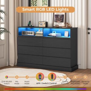 DICTAC Dresser for Bedroom with LED Lights and Charging Station, Black Dresser with No Handle Drawers, Modern Chest of Drawers, Dimensions 50.4''L x 15.7''D x 36.7''H