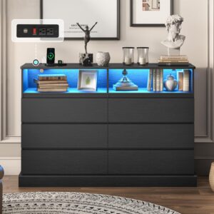 dictac dresser for bedroom with led lights and charging station, black dresser with no handle drawers, modern chest of drawers, dimensions 50.4''l x 15.7''d x 36.7''h